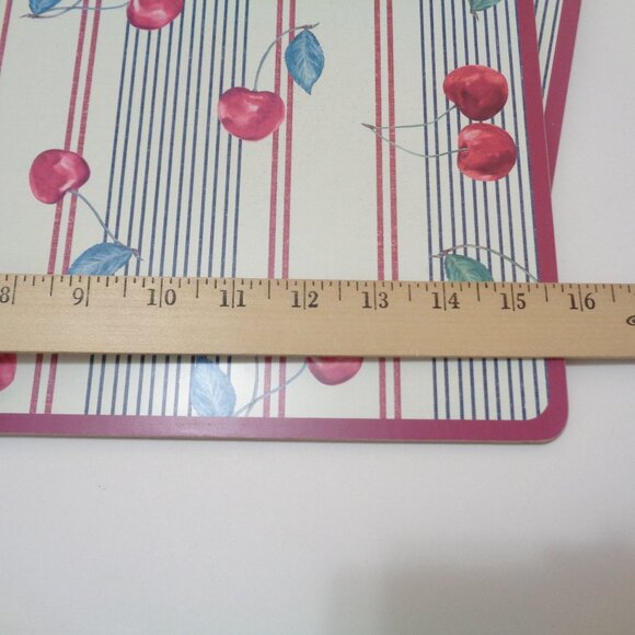 Retro Cherry Placemats Set of 4 With Cork Backing Red Stripes and Leaves - Picture 3 of 8